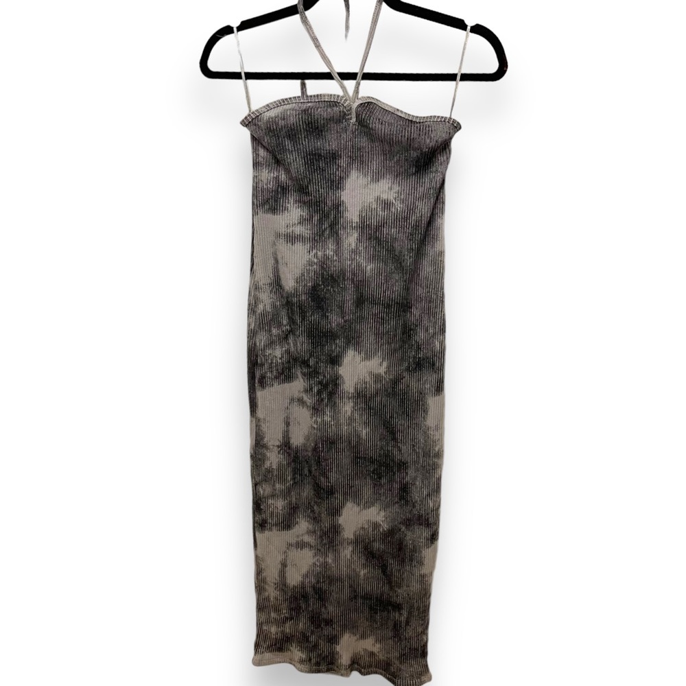 Zara Heart neck Tie-dye Dress Size Small Black Gray Tie Dye Ribbed Bodycon